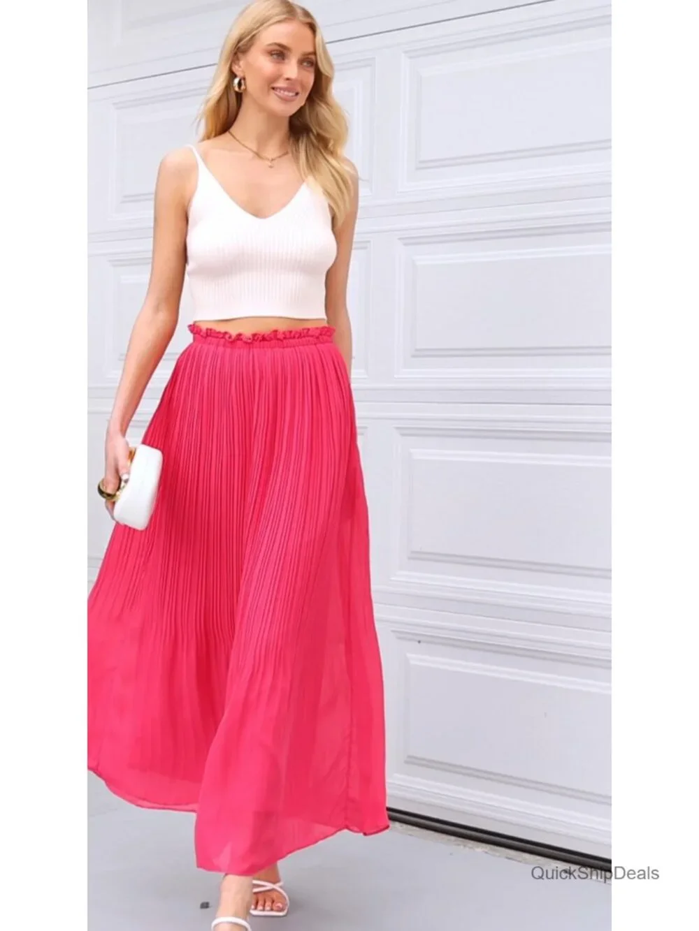 Pleated Chiffon A-Line Elastic High Waist Midi Skirt for Summer Vacation Office